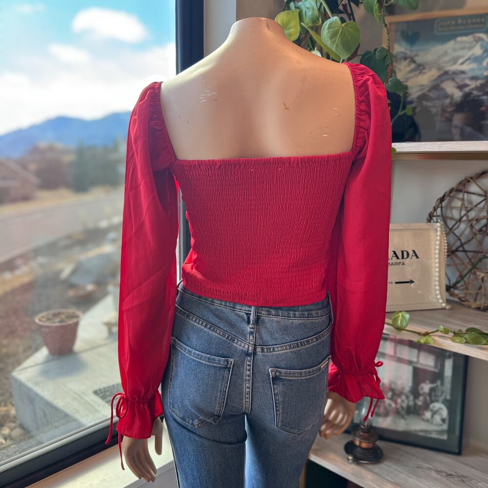 NWT, Francesca's Max Red Pleated Square Neck Tie Cuff Top, multiple sizes - Picture 7 of 8